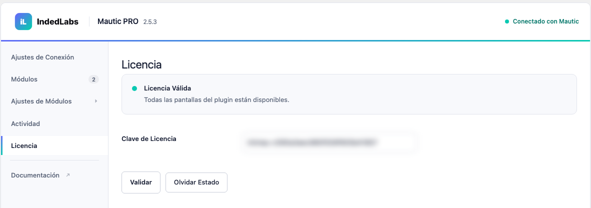 Pantalla de Licencia con la licencia validada