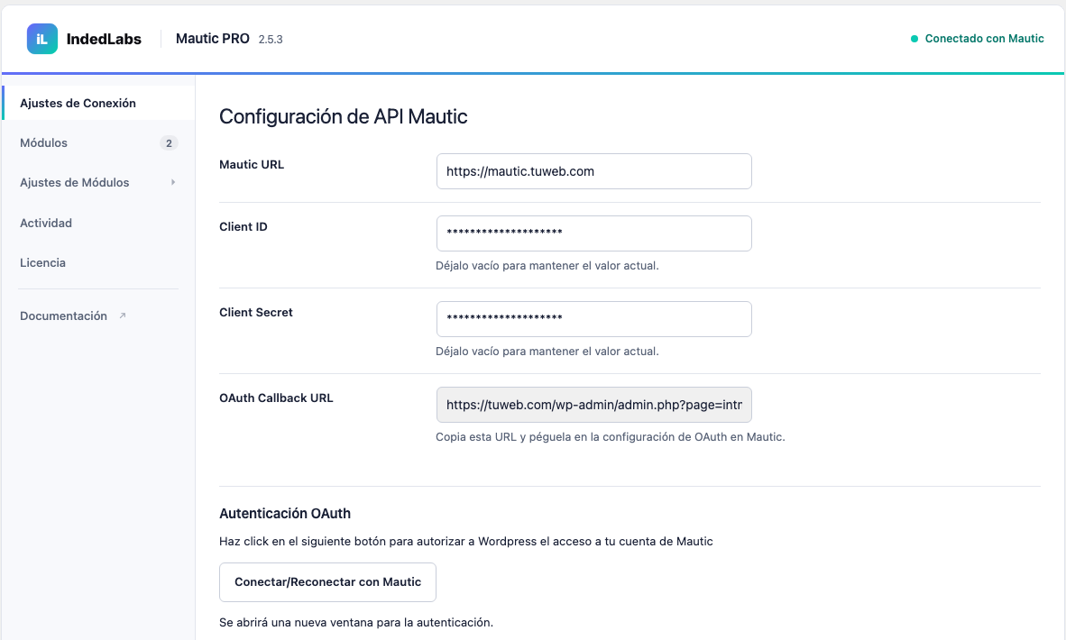 Ajustes de Conexión del plugin, conectado con Mautic