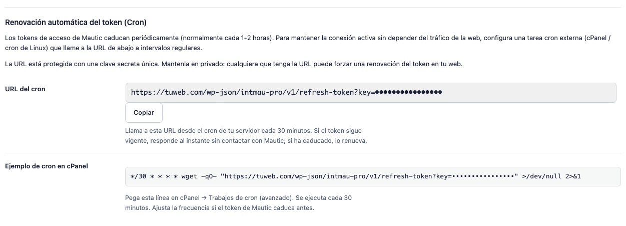 Sección de renovación automática del token