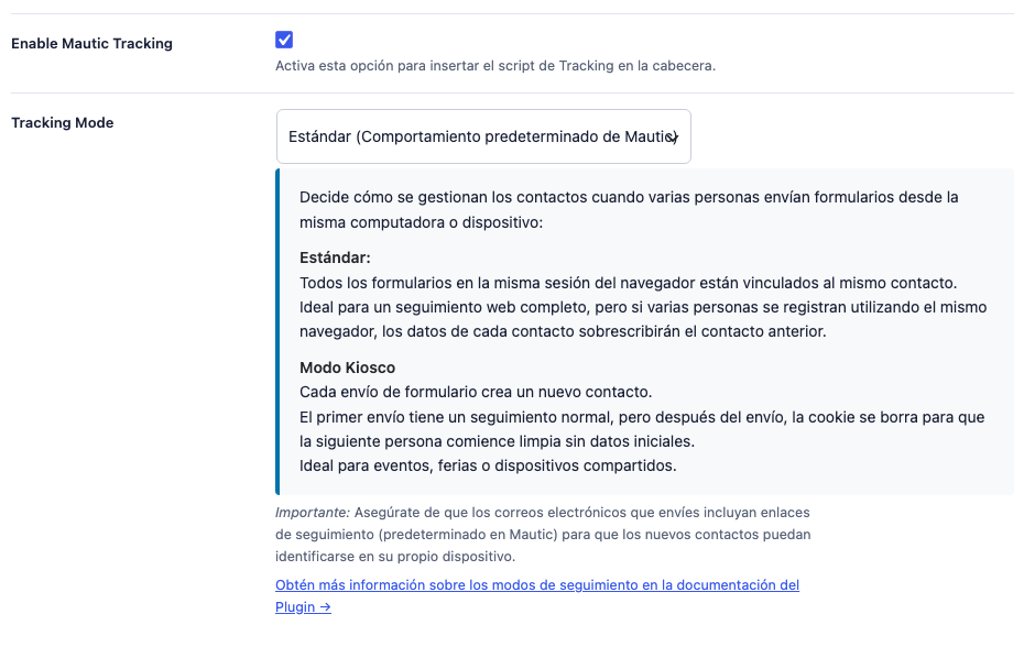 Opciones de tracking en Ajustes de Conexión