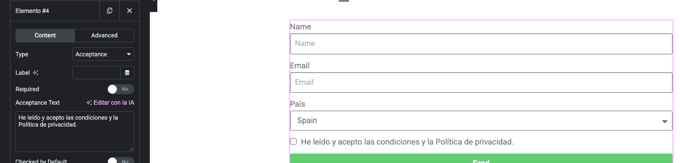 Campo de aceptación en el formulario de Elementor