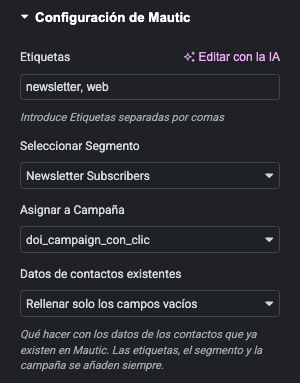 Opciones de la sección Configuración de Mautic