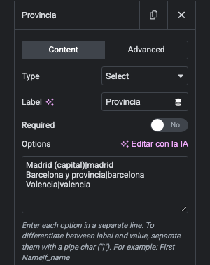 Opciones de un desplegable con el formato Etiqueta|valor