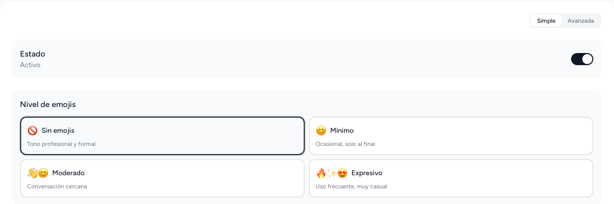 Arriba de la pestaña Configuración: el selector Simple o Avanzada, el Estado y el nivel de emojis