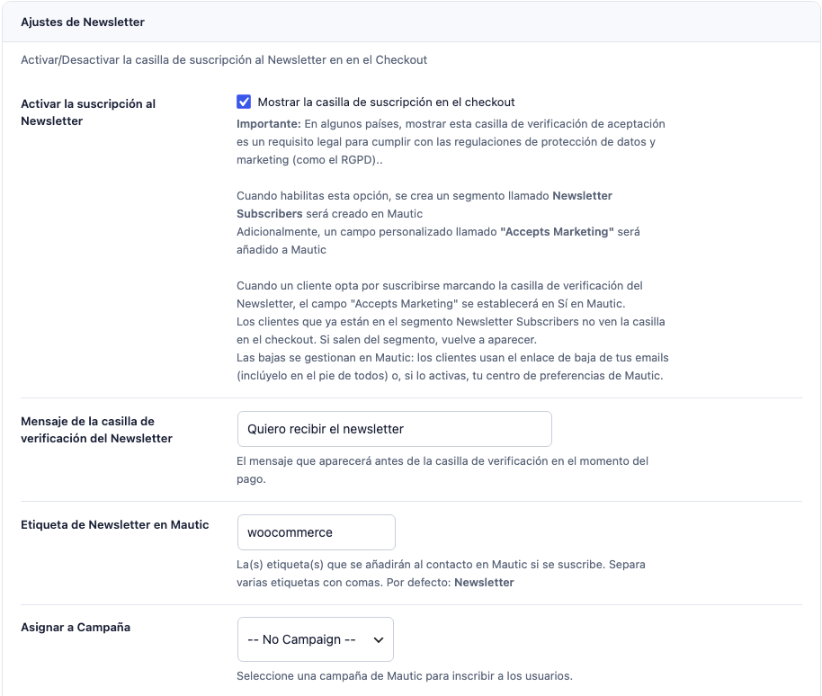 Ajustes de Newsletter en la pestaña WooCommerce
