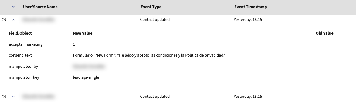 Historial del contacto en Mautic con el consentimiento