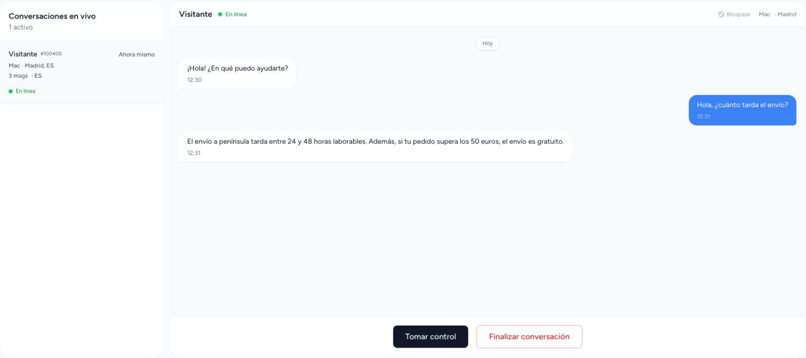 Pestaña «En vivo» con el botón «Tomar control»