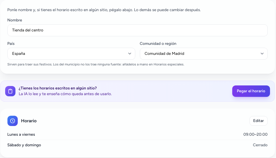 Página «Nuevo horario» con el nombre, el país, la comunidad y el botón «Pegar el horario»