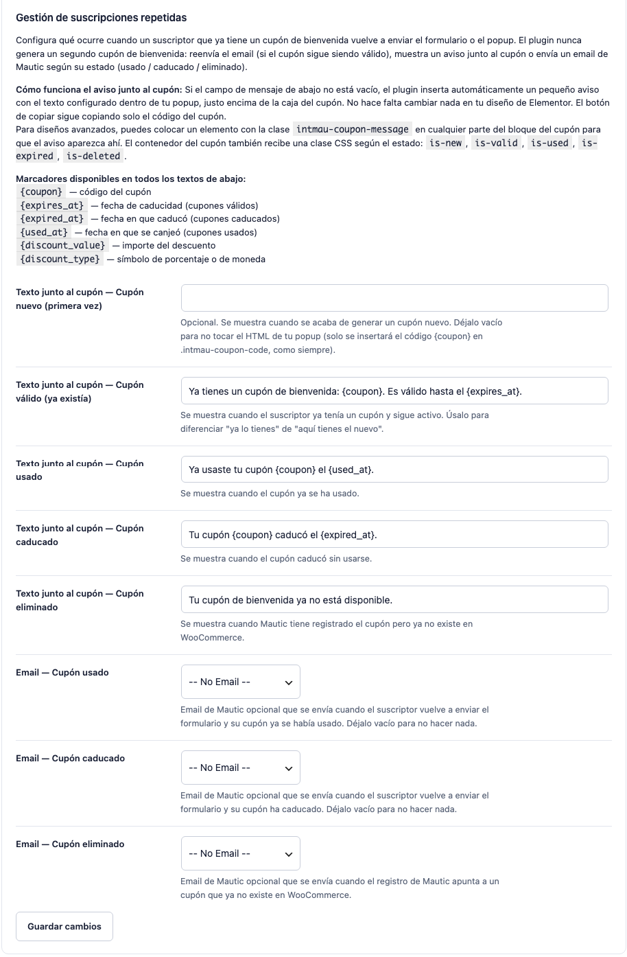 Sección Gestión de suscripciones repetidas