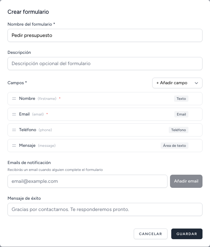 Ventana «Crear formulario» con algunos campos añadidos