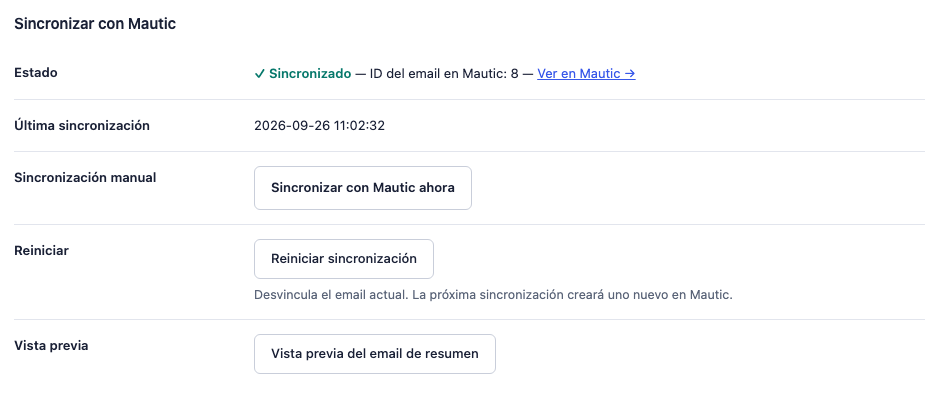 Sección Sincronizar con Mautic del Post Digest