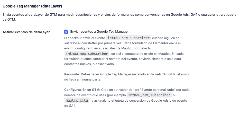 Sección Google Tag Manager en Ajustes de Conexión