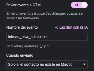 Opciones de GTM en la Configuración de Mautic del formulario