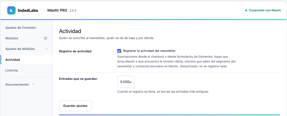 Ajustes del registro de actividad