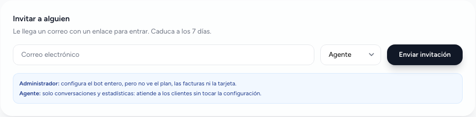 Caja «Invitar a alguien» con el correo y el rol