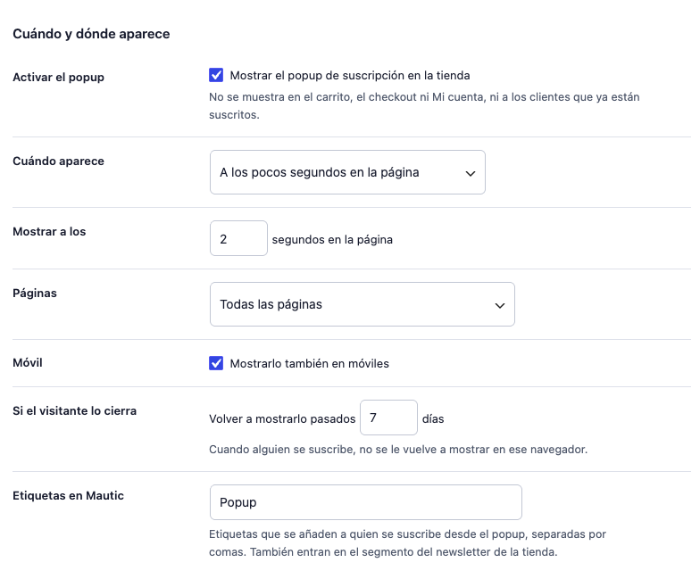 Sección Cuándo y dónde aparece del popup