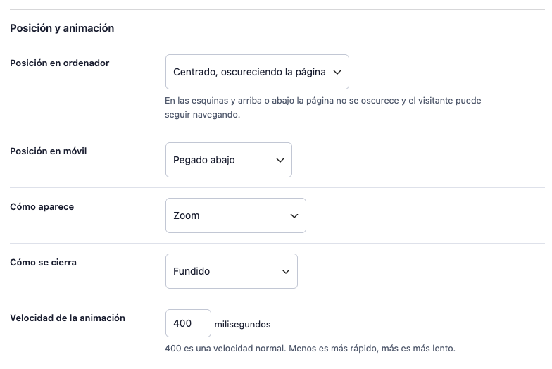 Sección Posición y animación del popup